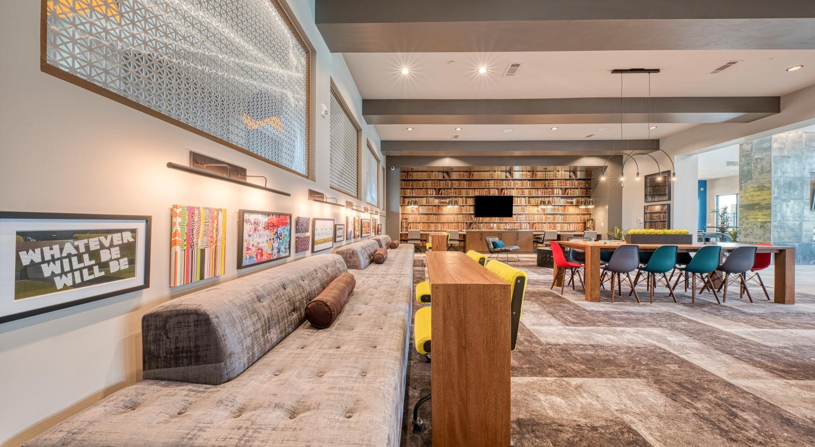 Enjoy our resident-only features a room with a bed and chairs