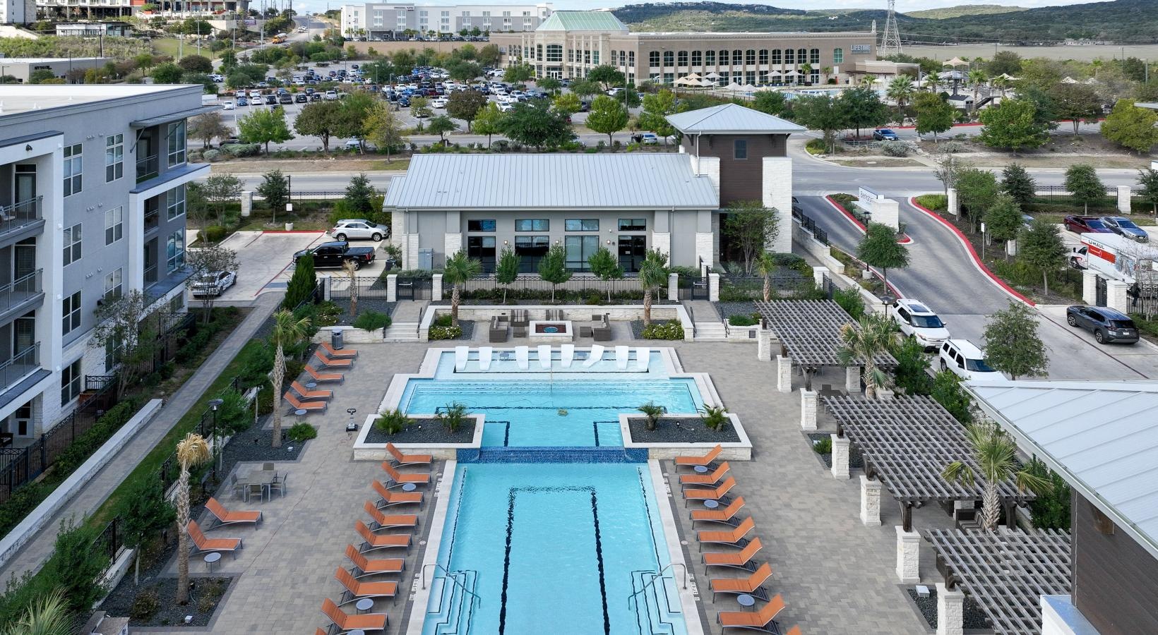 Resort-style swimming pool a high angle view of a sports arena
