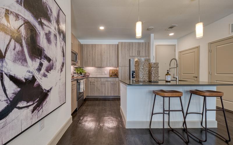 a kitchen with a large map